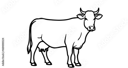 Simple line drawing of a cow standing, , farm animal, dairy cow illustration