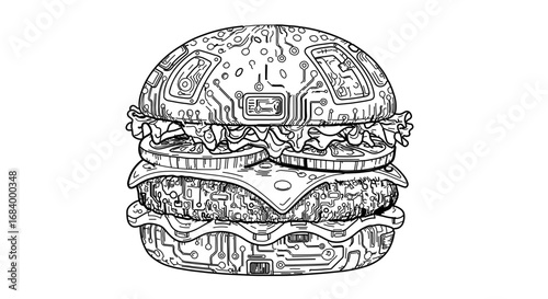 Cyberpunk burger with circuit board patterns, a futuristic fast food concept