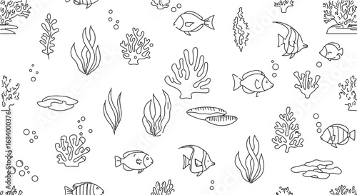 Seamless pattern with seaweeds, corals, fishes and shells underwater world background