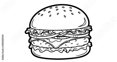 A delicious looking burger, a fast food meal with meat, cheese, and vegetables