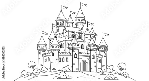 Detailed line drawing of a fairytale castle with towers and flags