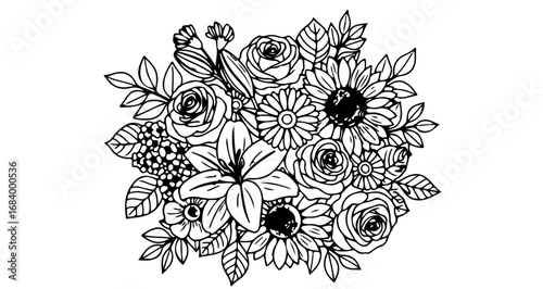 A beautiful bouquet of roses, lilies, and sunflowers, a floral arrangement