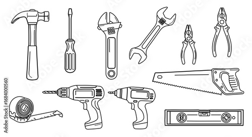 A collection of various hand tools and power tools for construction and repair