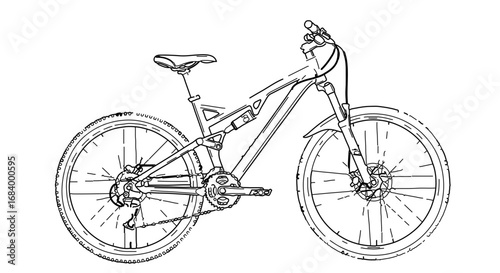 Detailed line drawing of a mountain bike, showcasing its components
