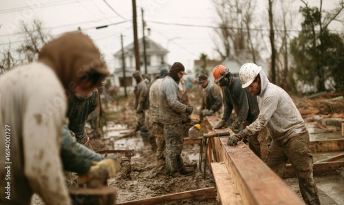 Construction workers rebuilding after a disaster