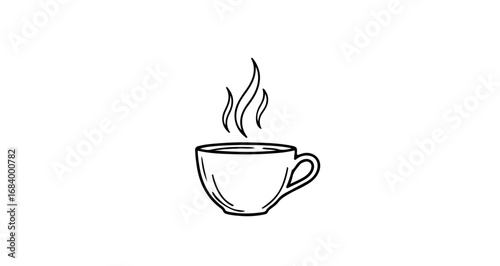 A steaming cup of coffee or tea in a simple line art style