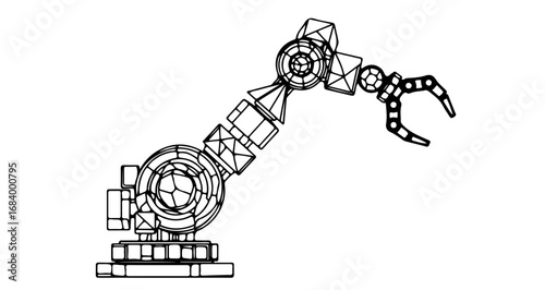A robotic arm with a claw in a technical line art style illustration