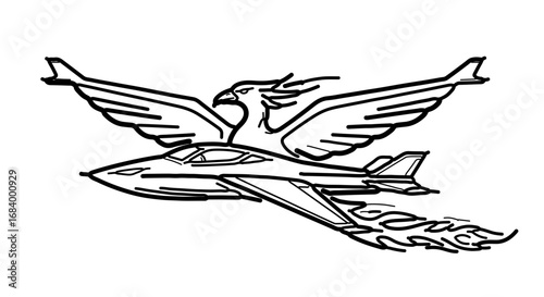 Phoenix riding a fighter jet, a symbol of rebirth, resilience, and power, drawn in black and white