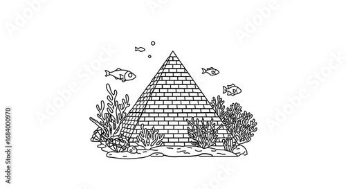 Illustration of an underwater pyramid with fish and seaweed