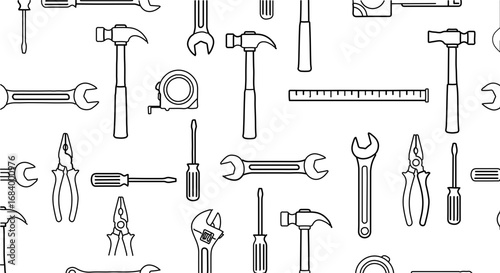 Seamless pattern of hand tools, including hammers, wrenches, and screwdrivers