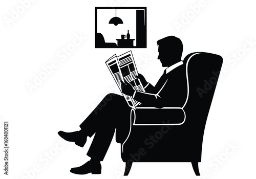 Man in silhouette sitting comfortably reading a newspaper in an armchair near a window