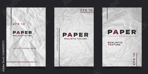 White crumpled paper texture background set. Abstract minimalist vector template for poster, flyer, promo, social media