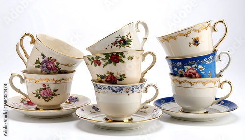 Stacked teacups and saucers, vintage floral design