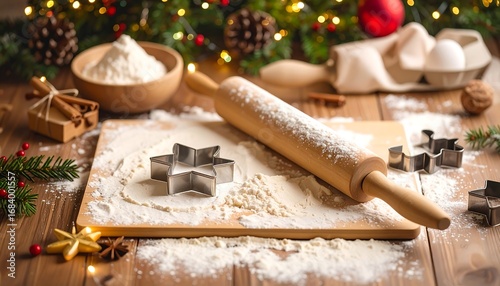 Festive Christmas baking ingredients on a wooden table