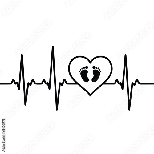 Heartbeat ekg line with adorable baby footprints in a heart graphic element for pregnancy and love
