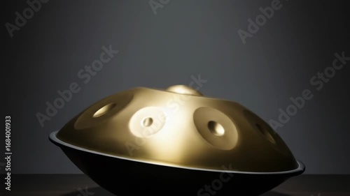 Golden handpan drum rotating on a dark background. Close-up of the metallic surface with reflective tones and smooth curves. Ideal for music, meditation, or artistic concepts.