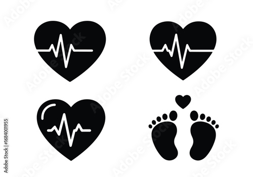 Collection of heartbeat and baby footprint silhouettes representing life love and health concepts