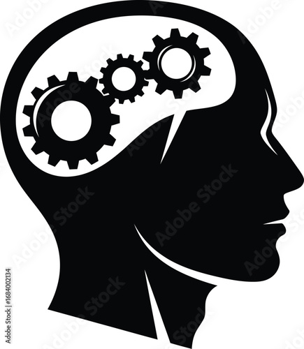 Profile view of a human head with gears inside, symbolizing mental processes and thinking.