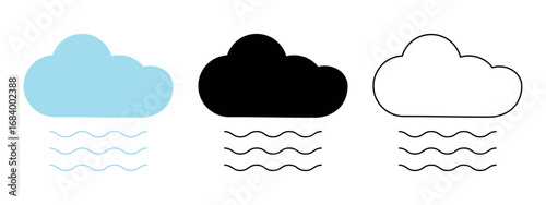Fog, smog icon colored, outline, black full. Cloud and wavy Brume, haze. Murk and steam. Set of different types of Weather Mist for forecast interface. Fume, overcast. Flat style. Vector illustration