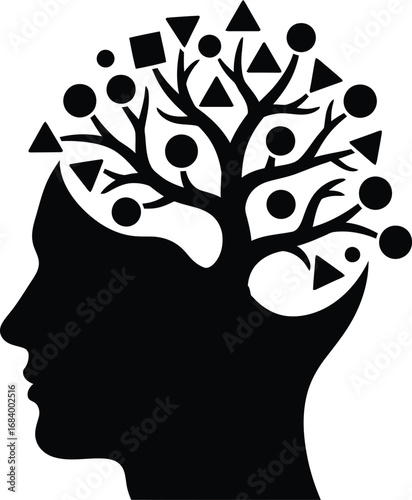 Profile view of a human head with a tree-like structure growing from the brain, filled with various geometric shapes.