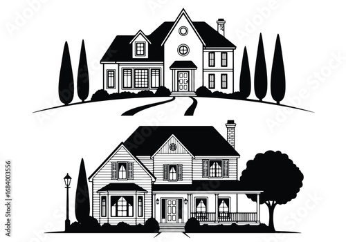 Two detailed silhouette graphics elements of elegant suburban homes with landscaping and trees for design projects