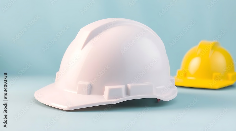 Fototapeta premium Safety helmet and hard hat on a blue background.