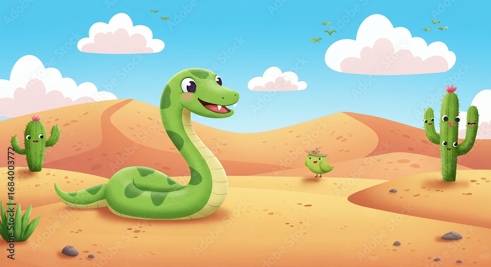 Fototapeta premium Cute cartoon snake in desert landscape