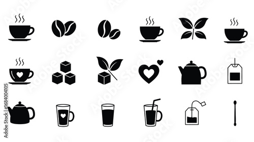 Collection of coffee and tea icons, black and white.