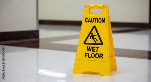 Caution Wet Floor Sign on White Floor.