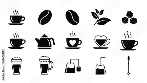 A set of black and white icons representing various coffee and tea related items and beverages.