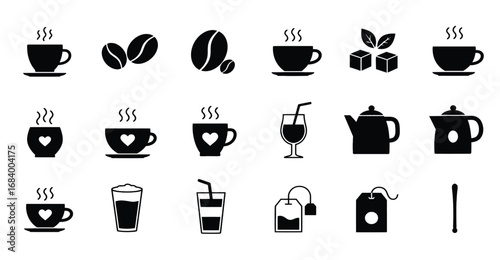 A collection of black and white icons representing various hot and cold beverages, coffee beans, tea bags, and related accessories.