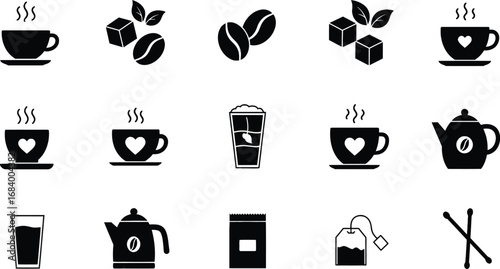 A collection of black silhouette icons representing various coffee and tea related items like cups, beans, teapots, and sugar.