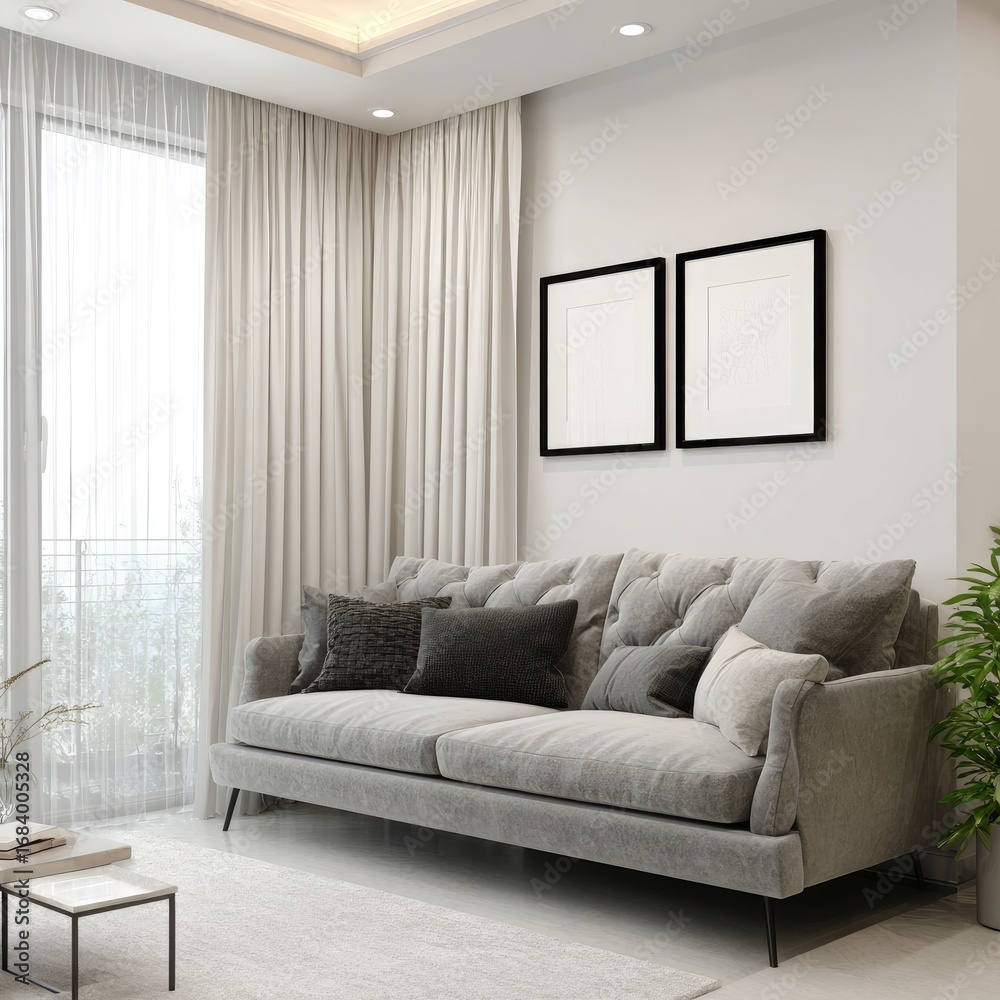 Fototapeta premium A contemporary living room scene, featuring a light gray couch, neutral walls, and stylish window treatments.