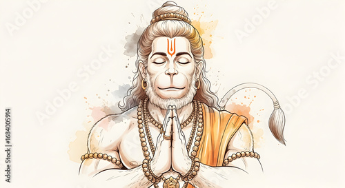 Watercolor portrait of lord Hanuman in meditation for hanuman jayanti