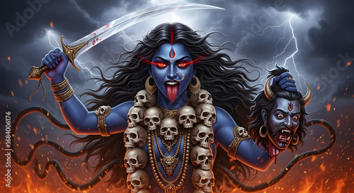 The fierce goddess Kali with a sword in a fiery battle