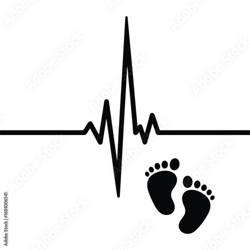 Baby footprints silhouette next to heartbeat ekg line symbolizing new life and health