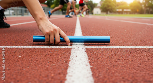 Athlete placing a blue relay baton on the starting line of track  
