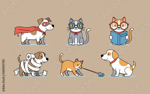 Cute cartoon animals dressed as superheroes reading and playing