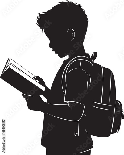 Silhouette of a young boy reading a book with a backpack ready for school or adventure