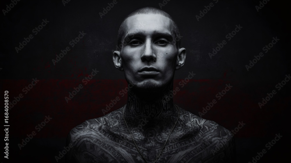 Obraz premium Man with tattoos in dramatic low-key portrait. Moody artistic photography concept. Dark background with red accent. Mysterious and edgy male model image for album cover or book