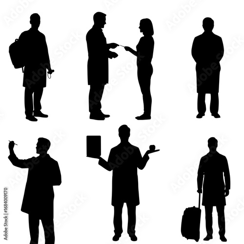 Medical professional silhouettes in various poses offering healthcare solutions and demonstrating medical expertise for health campaigns and visuals