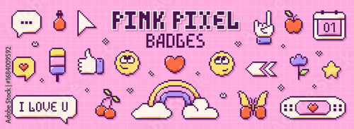 Y2K cute and pink pixel UI elements. Rainbow, happy emoji, butterfly, cherries, ice cream and speech bubbles.