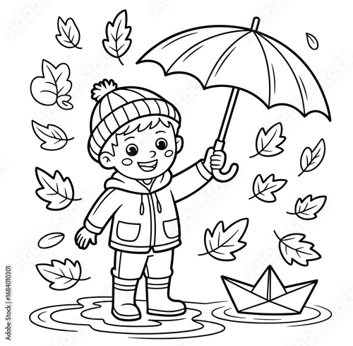 Boy in knitted hat and rubber boots playing in puddle with umbrella, launching paper boat, falling autumn leaves - Concept of Children's Coloring "Autumn"  