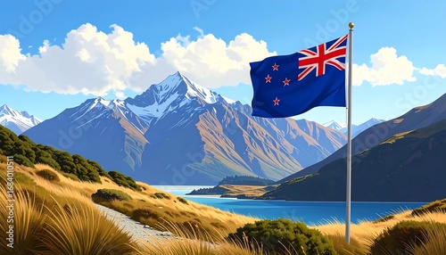 Scenic New Zealand landscape with flag