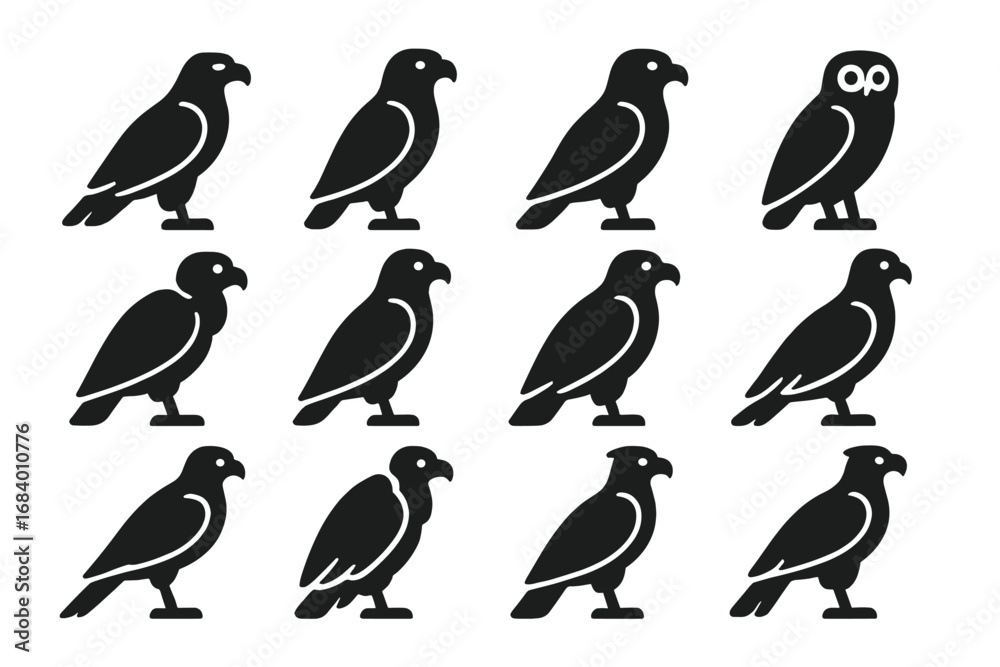 Naklejka premium Birds of Prey Icons. Solid style icons of birds of prey: eagle, falcon, hawk, owl, vulture, kite, buzzard, osprey, harrier, condor