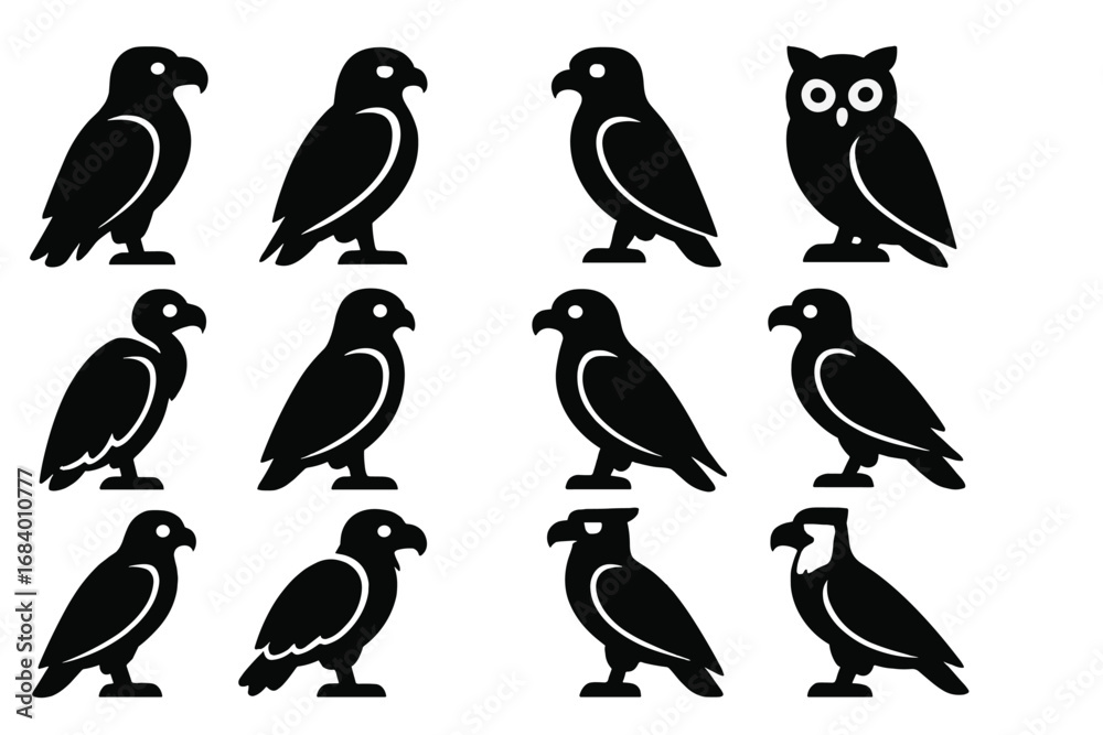 Obraz premium Birds of Prey Icons. Solid style icons of birds of prey: eagle, falcon, hawk, owl, vulture, kite, buzzard, osprey, harrier, condor