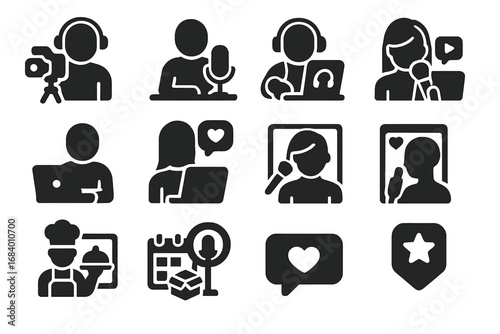 Content Creator Icons. Solid style icons of content creators and influencers: vlogger with camera, podcast host, livestream gamer,