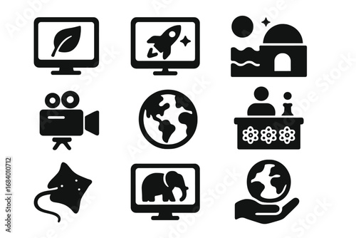 Science and Nature Icons. Solid style icons of science and nature TV: documentary leaf icon, space program symbol, ocean episode