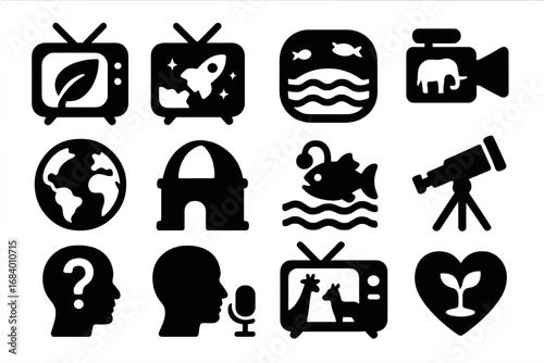 Science and Nature Icons. Solid style icons of science and nature TV: documentary leaf icon, space program symbol, ocean episode