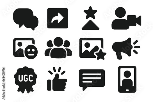 User Media Icons. Solid style icons of user-generated media: comment thread, post upload icon, content vote, user video clip, meme